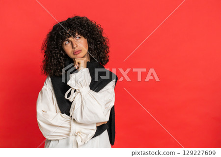 Young woman tired bored expression exhausted of tedious story not interested in communication talk Young woman tired bored expression exhausted of tedious story not interested in communication talk 129227609