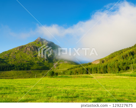 Nature in fjords. Lofoten islands, Norway. Traveling on a Norwegian fjord. Scandinavia.  129227675