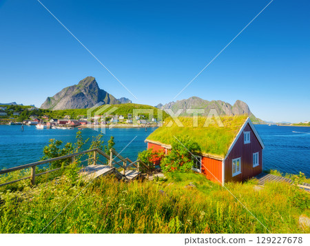 Nature in fjords. Reine, Lofoten islands, Norway. Traveling on a Norwegian fjord. Scandinavia. Nature in fjords. Reine, Lofoten islands, Norway. Traveling on a Norwegian fjord. Scandinavia. 129227678