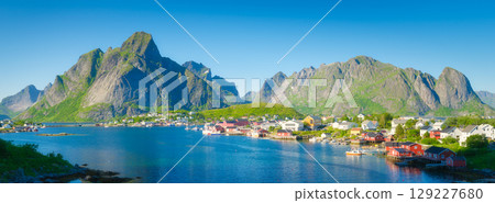 Nature in fjords. Lofoten islands, Norway. Panoramic view. Traveling on a Norwegian fjord. 129227680