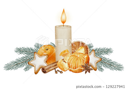 Watercolor composition with candle and tangerine 129227941