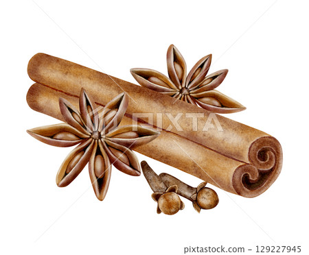 Cinnamon sticks with star anise and clove Cinnamon sticks with star anise and clove 129227945