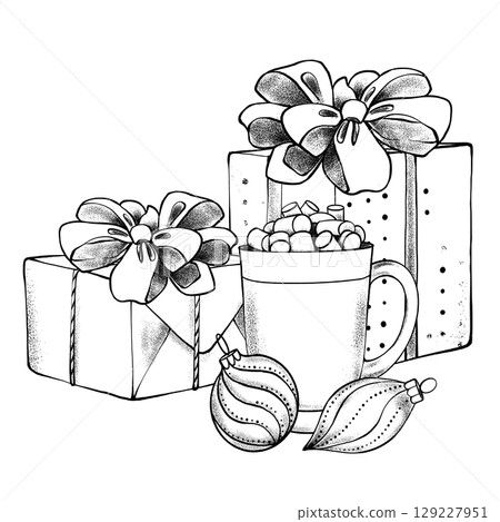 Christmas gift boxes with cocoa in vector drawing 129227951