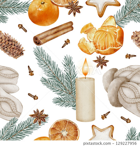 Christmas seamless pattern with candle and fir branches 129227956