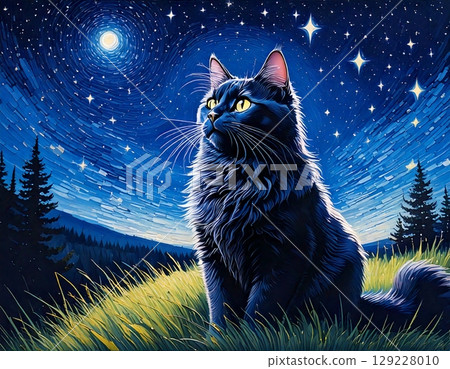 A romantic illustration of a black cat sitting on a grassy hill and looking up at the starry sky 129228010
