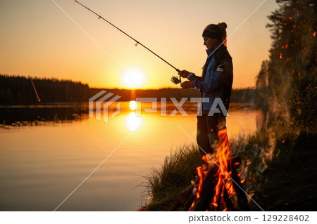 A person stands by a serene lake at sunset fishing with a rod. Nearby a campfire crackles providing warmth and light as day turns to night creating a peaceful atmosphere. 129228402