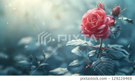 A close up captures a radiant red rose set against a softly illuminated background. Two delicate stems of roses stand behind enhancing the sentimental atmosphere of ephemeral love. 129228468