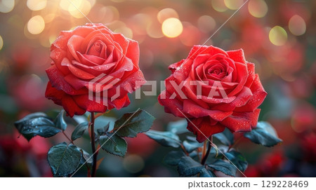 In a softly lit room a vibrant red rose stands prominently surrounded by two additional stems. Sunlight filters through creating a dreamy romantic atmosphere. 129228469