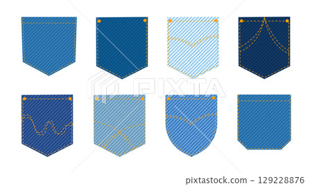 Set of 8 denim jeans back pockets in flat vector style. Styles classic V-shape, round-bottom, curved seam, decorative Set of 8 denim jeans back pockets in flat vector style. Styles classic V-shape, round-bottom, curved seam, decorative 129228876