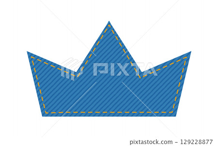 Patch denim crown shape with stitches seam jeans fashion illustration. Flat apparel blue color template isolated Patch denim crown shape with stitches seam jeans fashion illustration. Flat apparel blue color template isolated 129228877