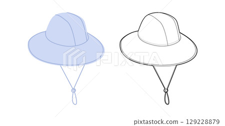 Garden Bucket Hat with Cord Stopper. Summer Head Fashion accessory cap with wide brim clothing technical illustration. 129228879