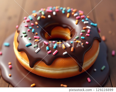 Chocolate Glazed Donut with Colorful Sprinkles and a Melted Puddle on a Wooden Table 129228899