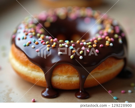 Macro of a Donut with Thick Dripping Chocolate Glaze and Multicolored Sprinkles 129228900