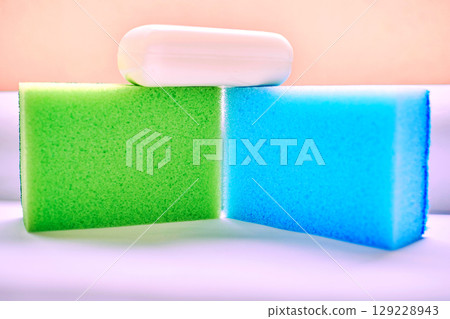 Green blue sponges,soap for washing anything 129228943