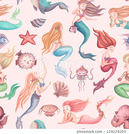 Delicate watercolor pattern in pink, peach with mermaids, shells, fish and seaweed. Seamless watercolor pattern for kids on the theme of sea life. 129229203