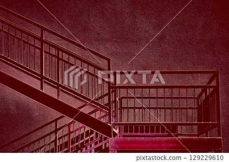 Red color.Metallic staircase on stucco wall up down 129229610