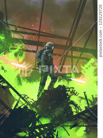 Armored Warrior in Green Flames 129229726