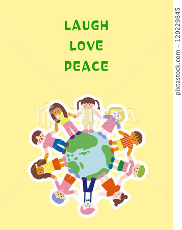 Sticker-style illustration of children from around the world holding hands and surrounding the Earth Sticker-style illustration of children from around the world holding hands and surrounding the Earth 129229845