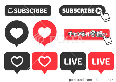 Subscribe and subscribe buttons and heart action icons set Subscribe and subscribe buttons and heart action icons set 129229847