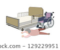 Color illustration of an elderly man falling from his wheelchair in front of a nursing bed 129229951