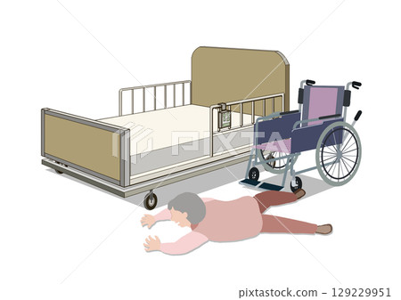一位老人在護理床前從輪椅上摔下來的彩色插圖 129229951