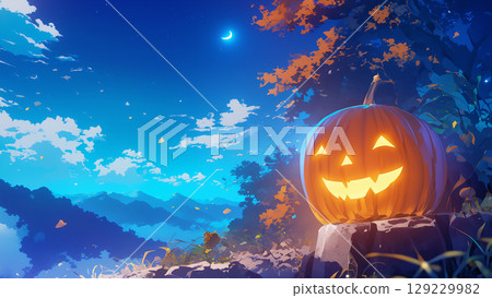 Autumn night sky and Halloween jack-o'-lantern, anime style 129229982