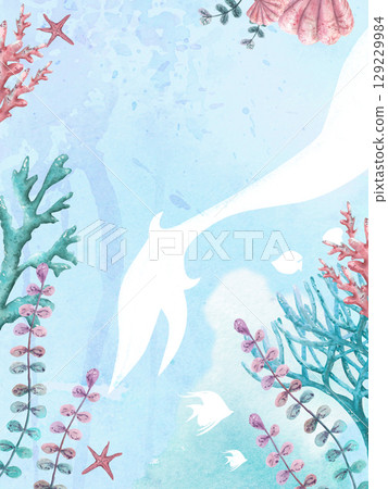 Watercolor underwater postcard for birthday girl with mermaid tail for party invitation card. 129229984