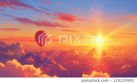 A balloon flying in the setting sun, anime style 129229993