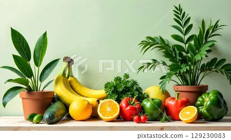 Fresh vegetables and fruits arranged beautifully on a wooden table against a green backdrop highlighting a healthy lifestyle 129230083
