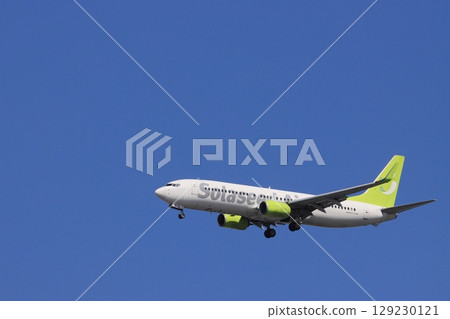 A passenger plane landing against the backdrop of a blue sky. A Solaseed Air plane on approach. 129230121