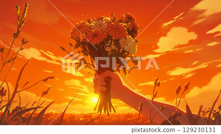 傍晚時分，一隻手拿著一束鮮花的特寫鏡頭，動漫風格 129230131
