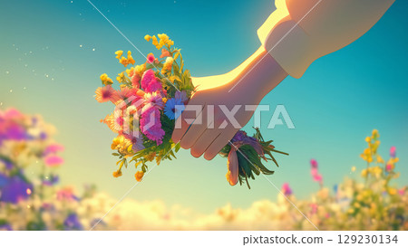 手捧一束花的特寫,動漫風格 手捧一束花的特寫,動漫風格 129230134