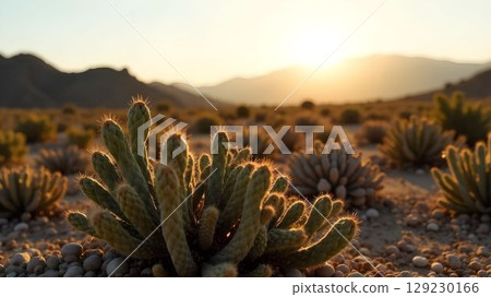 Desert landscape at sunset showcasing cacti with mountains in the background and warm sunlight illuminating the scene 129230166