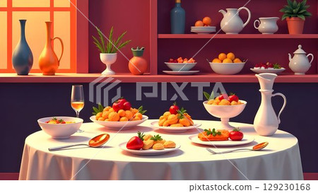 Exquisite dining table set with fresh vegetables and colorful dishes in a warm kitchen setting 129230168