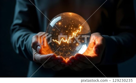 Crystal ball held by hands illuminated with glowing light and sparkles, representing insight and future predictions during nighttime 129230235