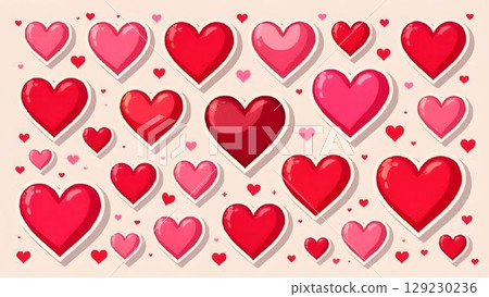 Colorful arrangement of various hearts on a soft background for a cheerful decoration or greeting 129230236