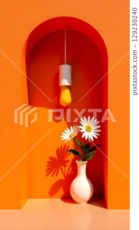 Bright orange alcove with a vase of daisies and a unique light fixture hanging above 129230240
