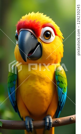 Colorful parrot perched on a branch in a lush tropical environment during the daytime 129230245
