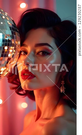 Elegant woman posing near a disco ball with soft lighting and colorful decorations at a social event 129230287