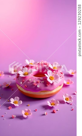 Delightful pink donut adorned with flowers on a pastel purple background 129230288