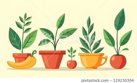 Various plants in decorative pots showcasing indoor gardening with fruits and greenery on a light background 129230304