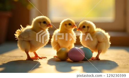 Cute chicks gather around colorful eggs in a warm sunlit room during springtime Cute chicks gather around colorful eggs in a warm sunlit room during springtime 129230399
