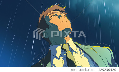 An anime-style businessman looking up at the sky while being hit by rain An anime-style businessman looking up at the sky while being hit by rain 129230420