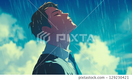 An anime-style businessman looking up at the sky while being hit by rain An anime-style businessman looking up at the sky while being hit by rain 129230421