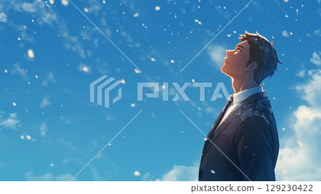 Office worker looking up at the snowy sky, anime style Office worker looking up at the snowy sky, anime style 129230422
