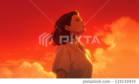 辦公室女士仰望日落天空,動漫風格 辦公室女士仰望日落天空,動漫風格 129230450