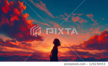 Silhouette of an office lady looking up at the evening sky, anime style Silhouette of an office lady looking up at the evening sky, anime style 129230453