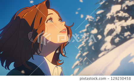 辦公室女士仰望冬日的天空，動漫風格 129230458