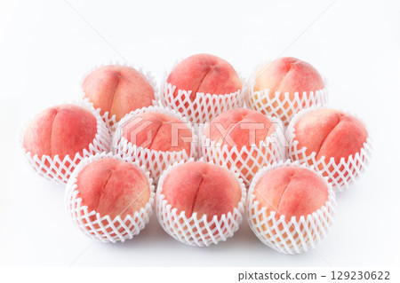 白色背景中，許多桃子（Akatsuki）裹在緩衝網裡 129230622