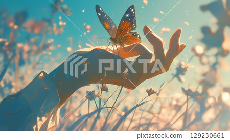 Grassland and butterfly resting on fingertip, anime style 129230661